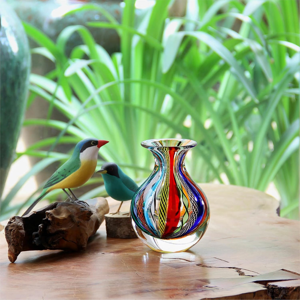 Murano Style Glass Vase Hand Blown Colored Canes Boho Effect Home Decor