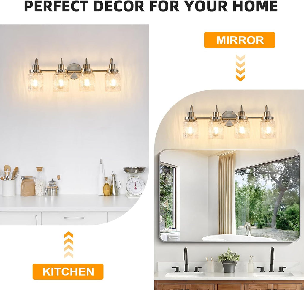 4 Lights Bathroom Vanity Light, Brushed Nickel Bathroom Light Fixtures with Hammered Glass Lampshade for Dressing