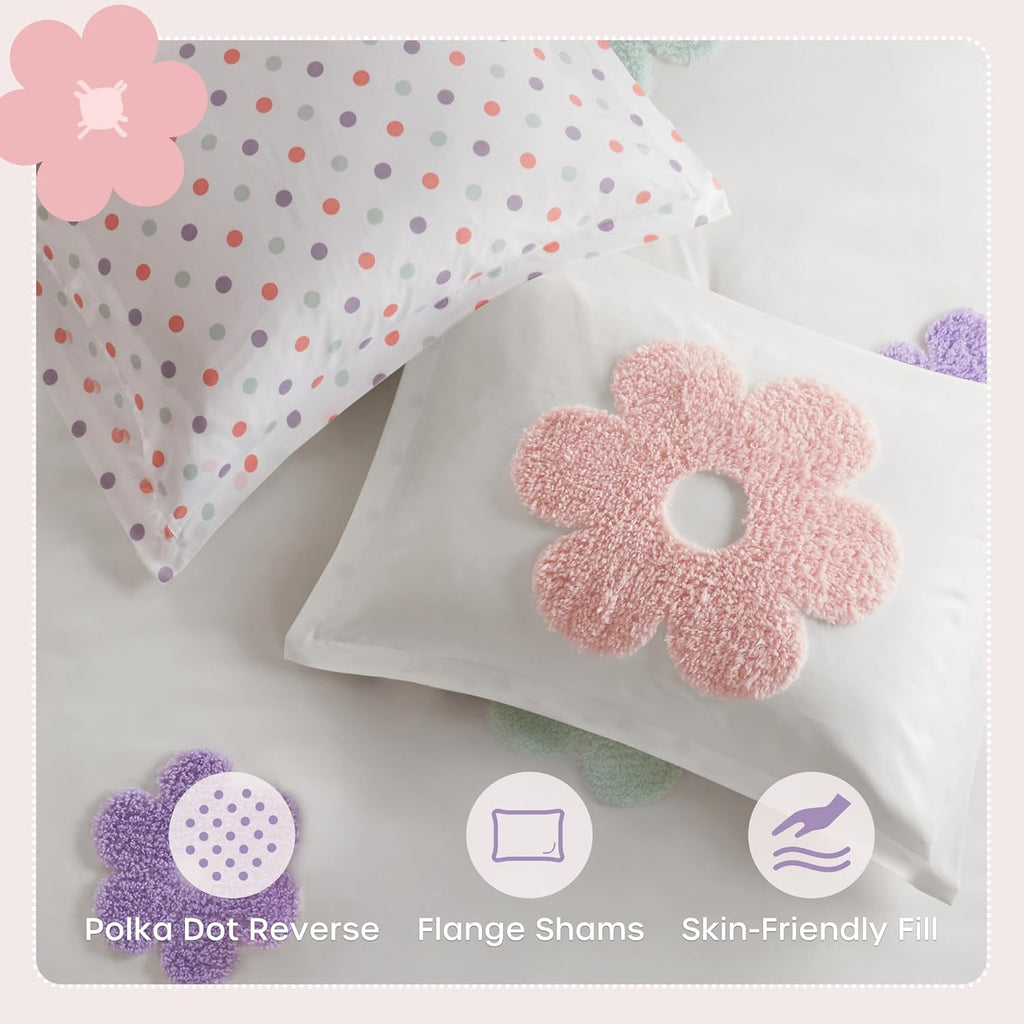 Kids Comforter Set for Girls, Tufted Chenille Floral Comforter Set, Lightweight Polka Dot Comforter