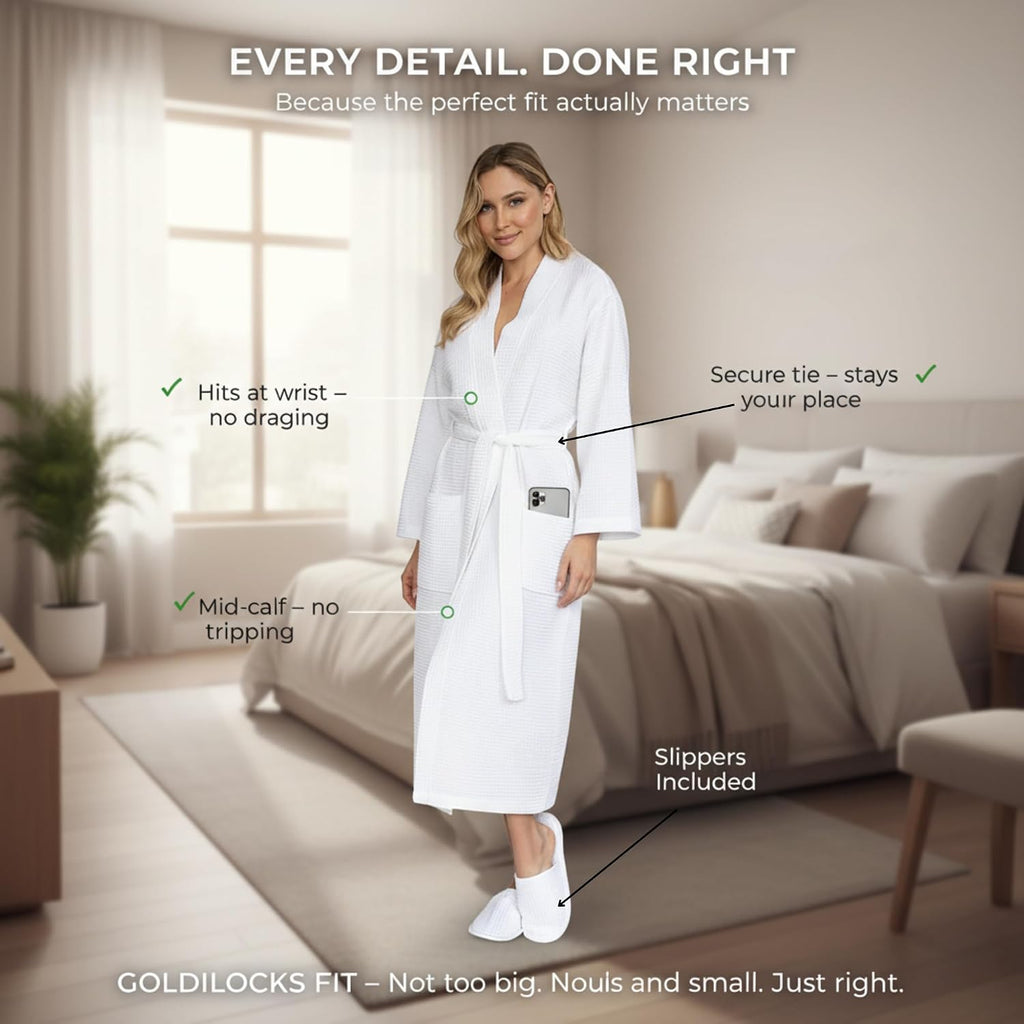 Long Waffle Cotton Robes for Women - Monogram, Lightweight, Soft Kimono Spa Bathrobe with Pockets