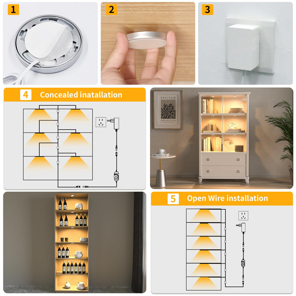 LED Puck Lights Plug in, Dimmable Under Cabinet Lighting with Switch