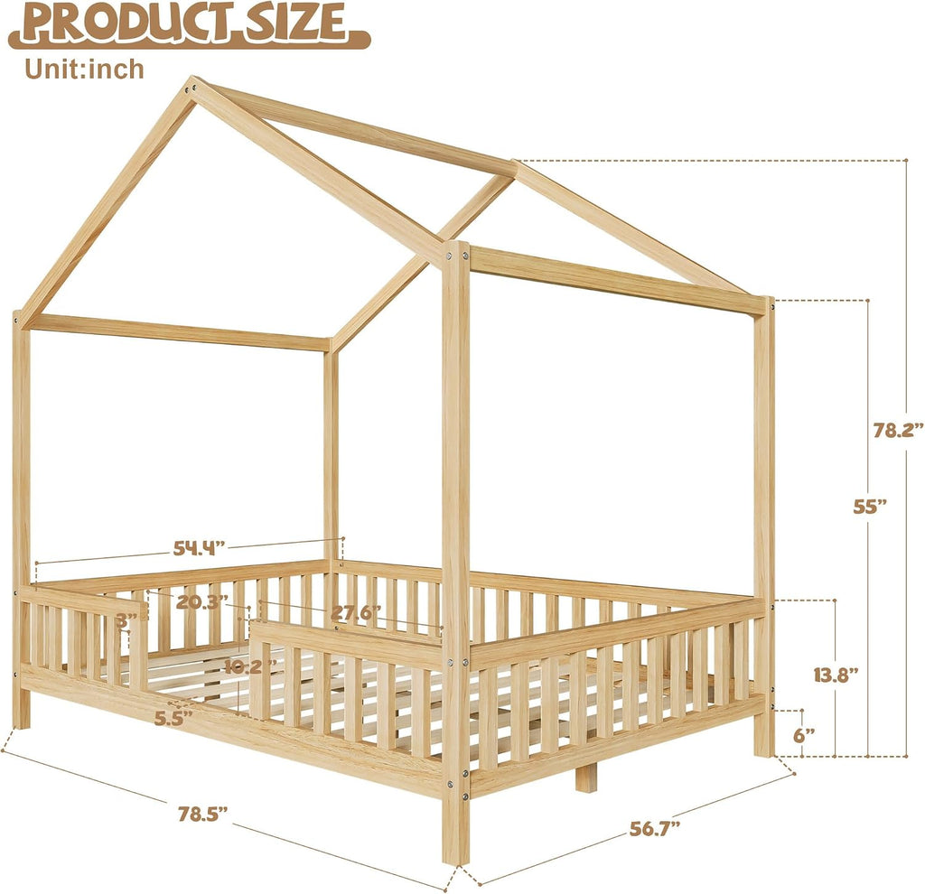 Full Size Montessori Toddler Floor Bed with Canopy and Roof,Wooden House Beds Frame for Kids,Montessori Floor Bed