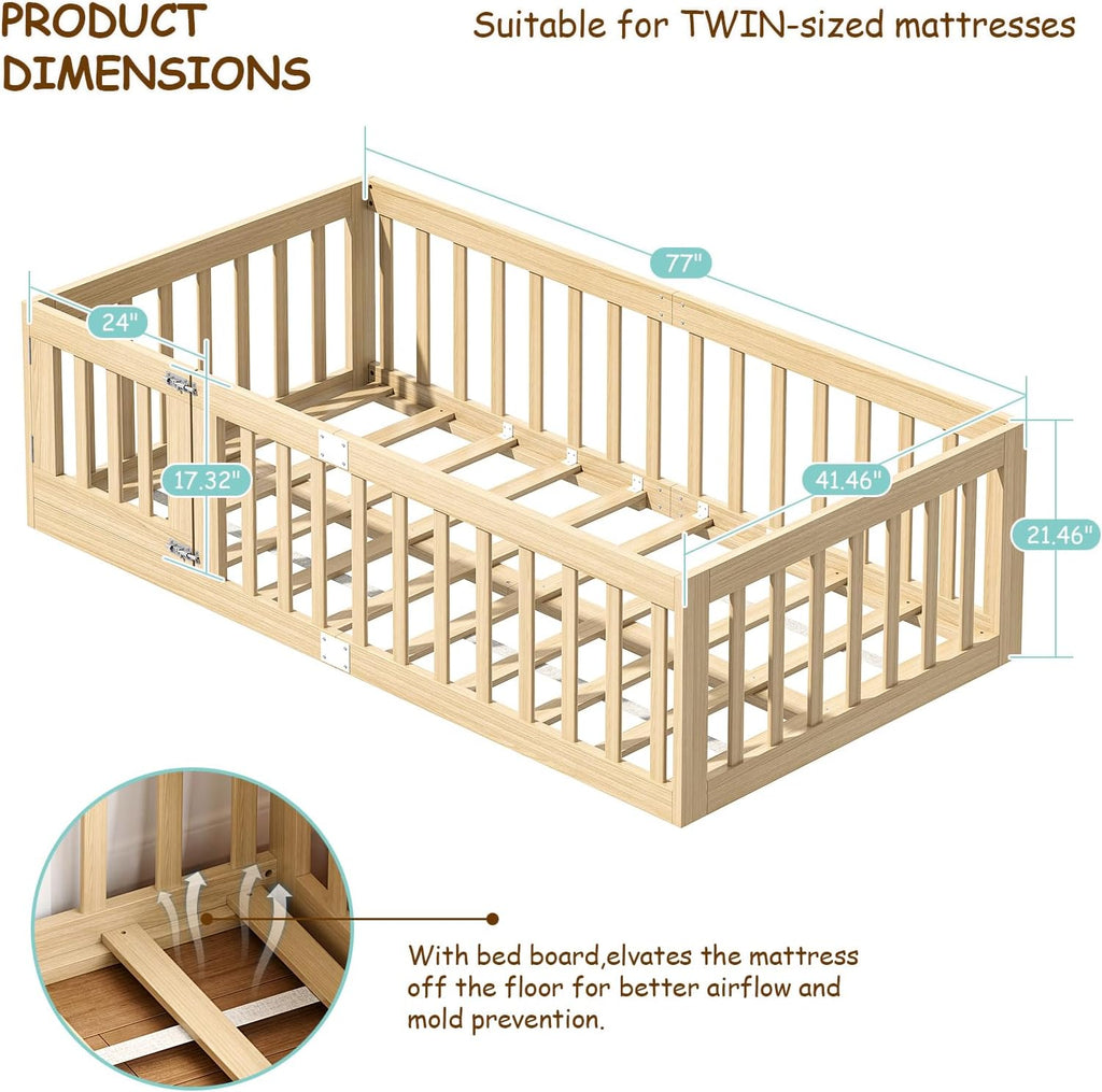 Twin Montessori Floor Bed with High Guardrails and 2 Door Latch, Solid Wood Toddler Bed Frame with 10 Slats and