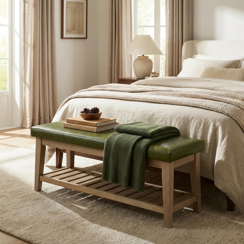 Entryway Shoe Bench with Cushion, End of Bed Bench,Upholstered Bench , Bench with Solid Wood Shelf, Leather Ottoman