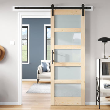 32x84 inch Glass Sliding Barn Door Slab with 5.5ft Hardware Kit Included, 5-Panel Frosted Glass, Spr