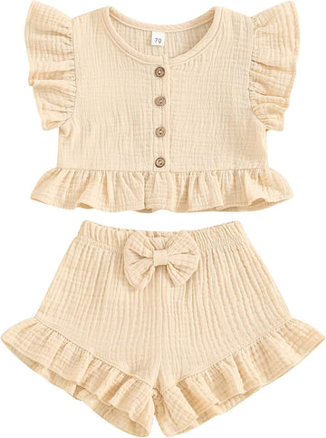 Toddler Baby Girl Solid Color Fly Sleeve Button Ruffle Tops+Bow Shorts Bubble Two Piece Summer Outfit Clothes Set