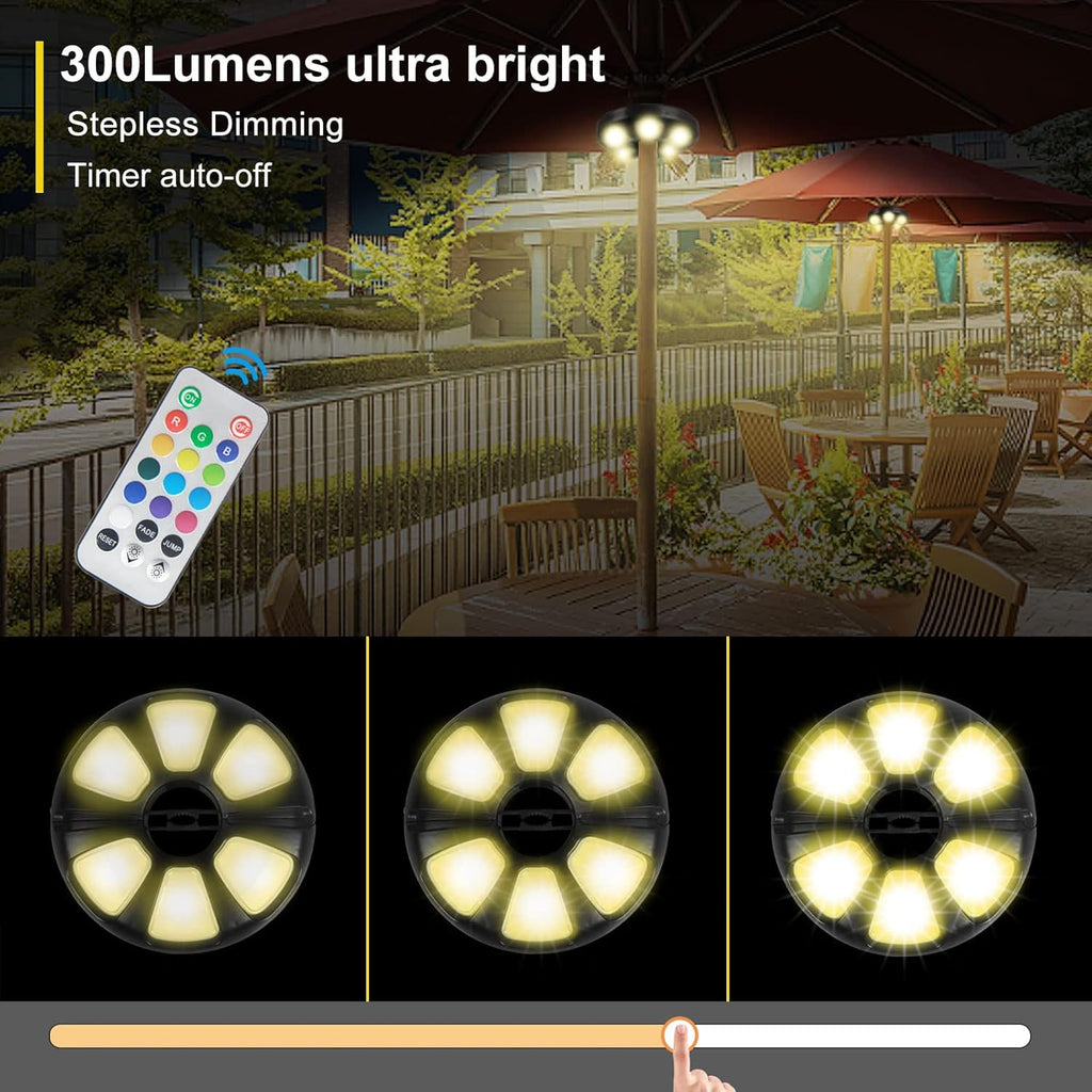 12 Colors Patio Umbrella Light with Remote Control/Cordless Rechargeable or AA Battery Operated Under Umbrella Pole