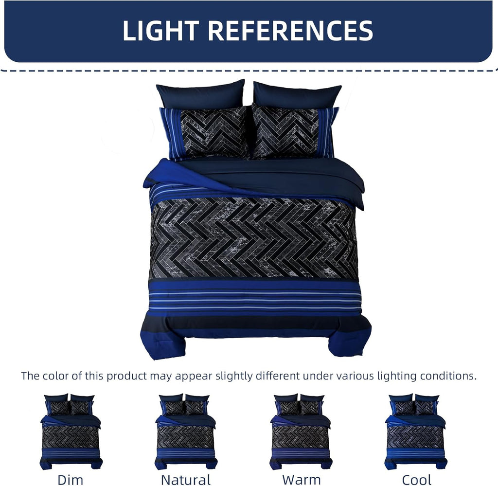 Blue Comforter Set, 7 Pieces Stripe Geometric Bed in a Bag, Geometric Comforter and Sheet Set