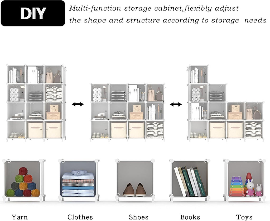 12 Cube Storage Organizer, Closet Storage Shelves with Doors, White | Portable Closet Organizers, DIY Stackable