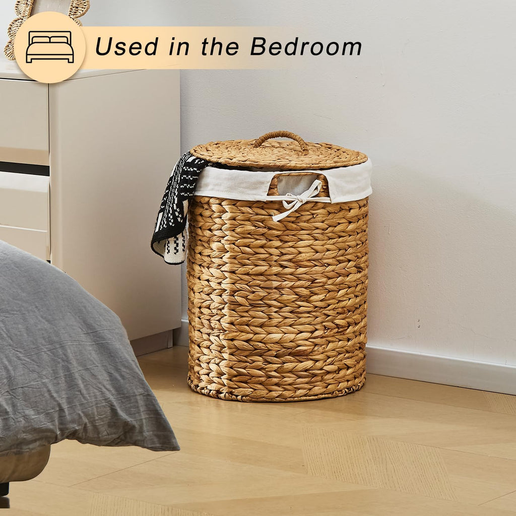 Round Water Hyacinth Laundry Hamper with Lid Handwoven Wicker Basket with Handles for Dirty Clothes, Storage, and
