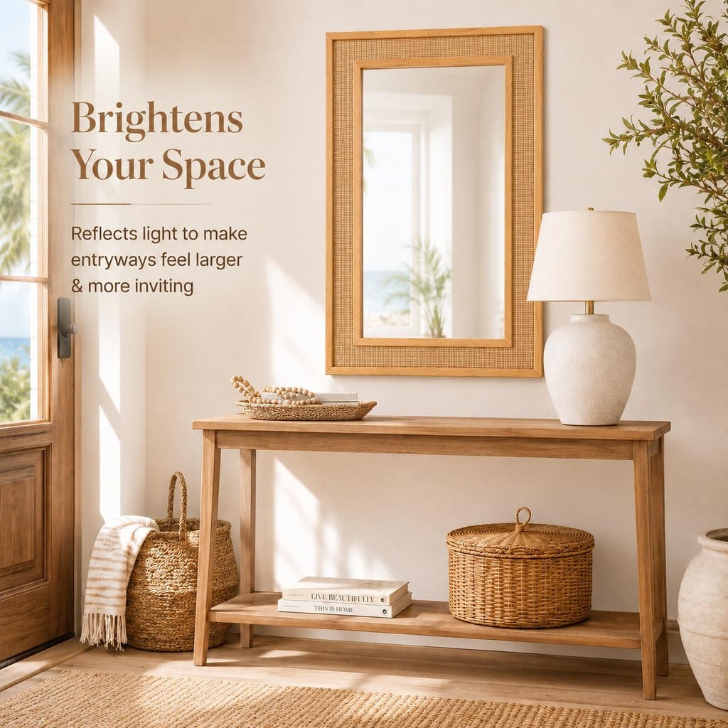Rattan Mirror 20x30 Inch, Rectangle Wood Bathroom Mirror