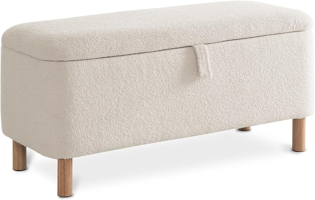 Boucle Storage Ottoman Bench end of Bed, Sherpa Upholstered Shoe Seat Storage Bench Bed Foot, Rectangle Cushion
