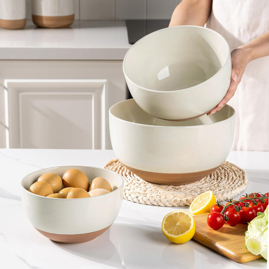 Ceramic Mixing Bowls|Nesting Bowls Set of 3 |Stoneware Serving Bowls with Rustic Terracotta Underside for