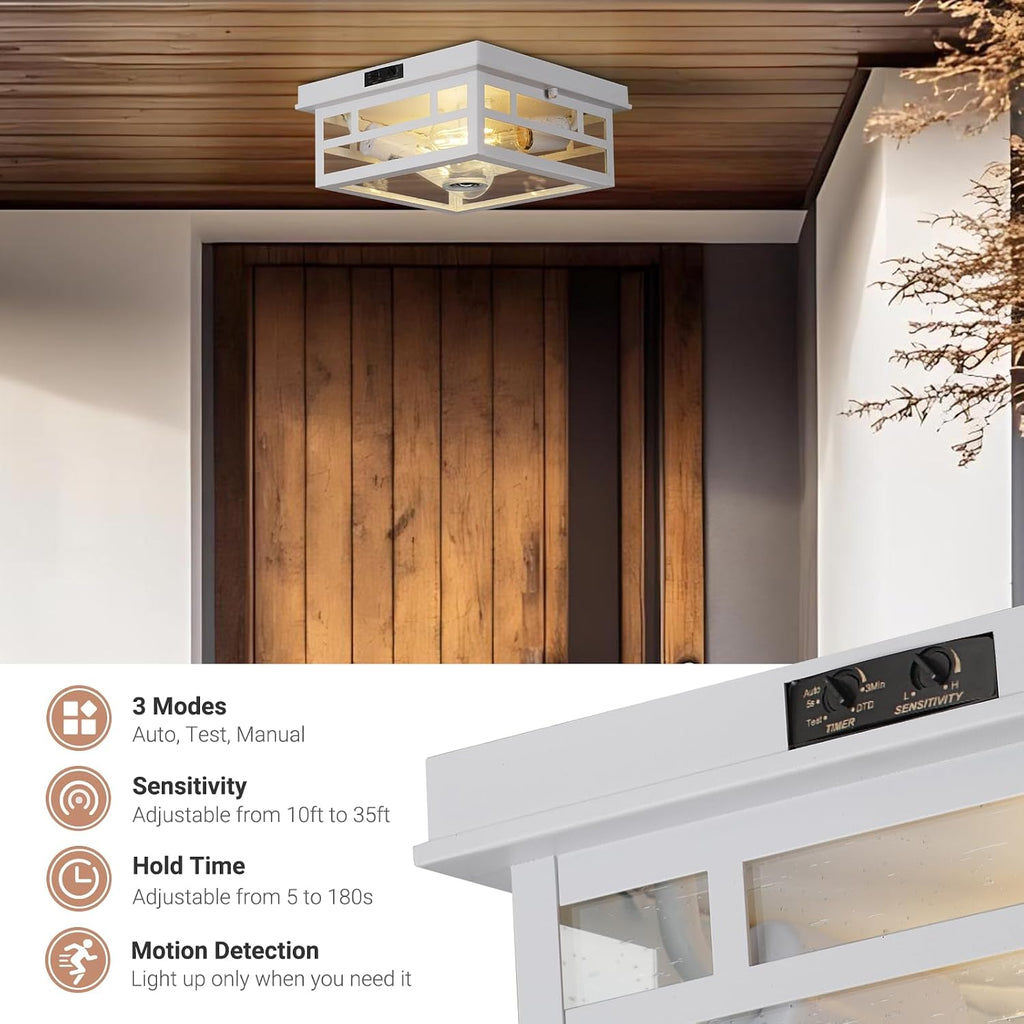 Outdoor Flush Mount Motion Sensor White Ceiling Light - Timeless Industrial Design with Seeded Clear Glass for Your