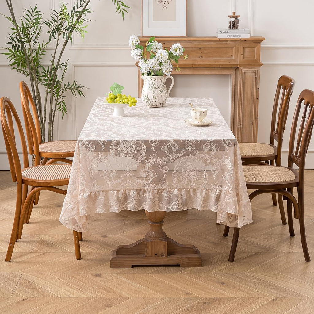 Cream Beige French Lace Ruffle Tablecloth 60 x 102 Inch with Ruffled Edge, Fits Round and Rectangula