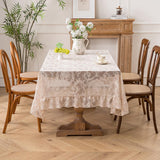 Cream Beige French Lace Ruffle Tablecloth 60 x 102 Inch with Ruffled Edge, Fits Round and Rectangula