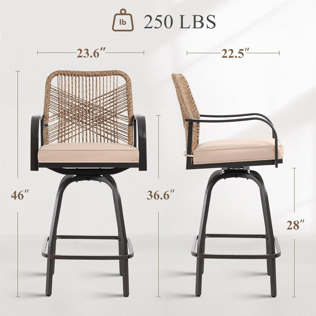 Outdoor Bar Stools Set of 4, 360° Swivel Metal Frame, Wicker Patio Bar Height Stools with Cushion, All-Weather Rattan