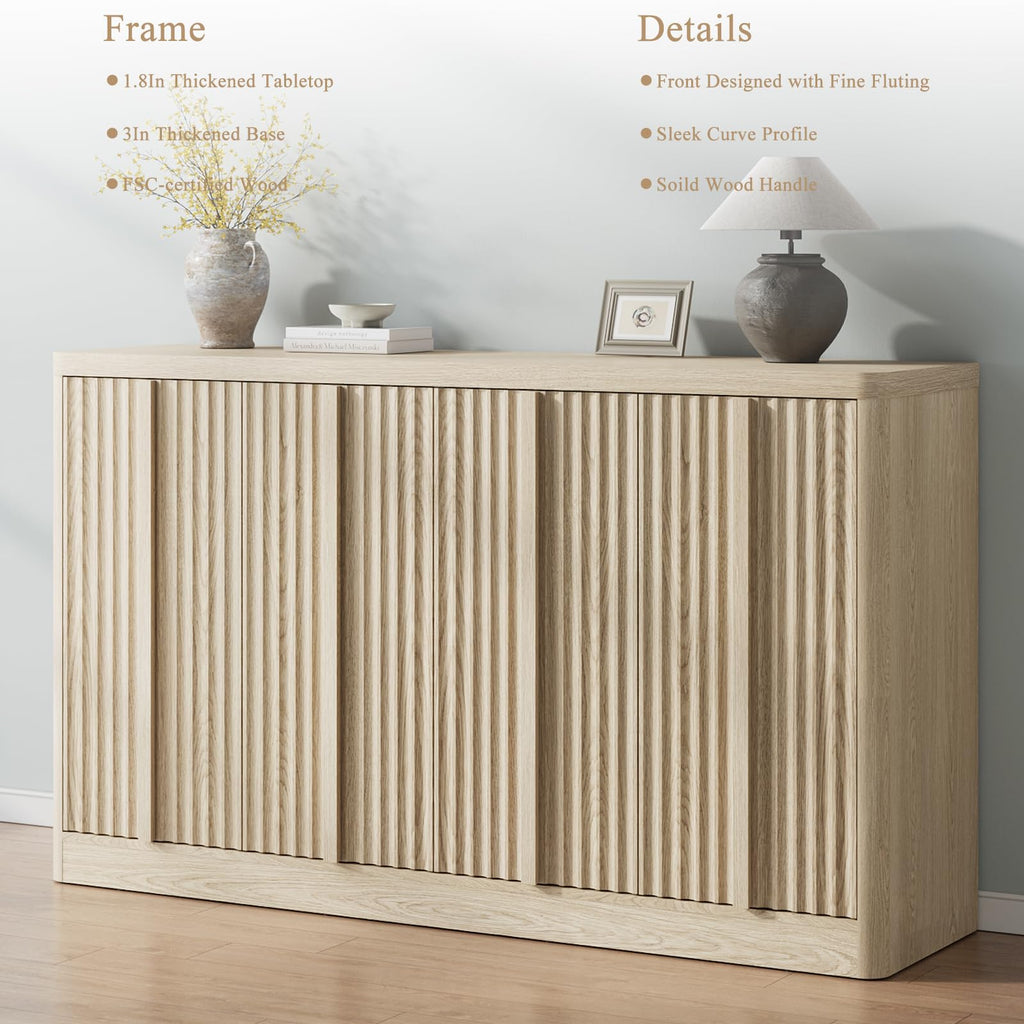 Fluted Buffet Cabinet with Storage, 120" Sideboard Buffet Storage Cabinet with 8 Doors & Adjustable Shelves, Wood