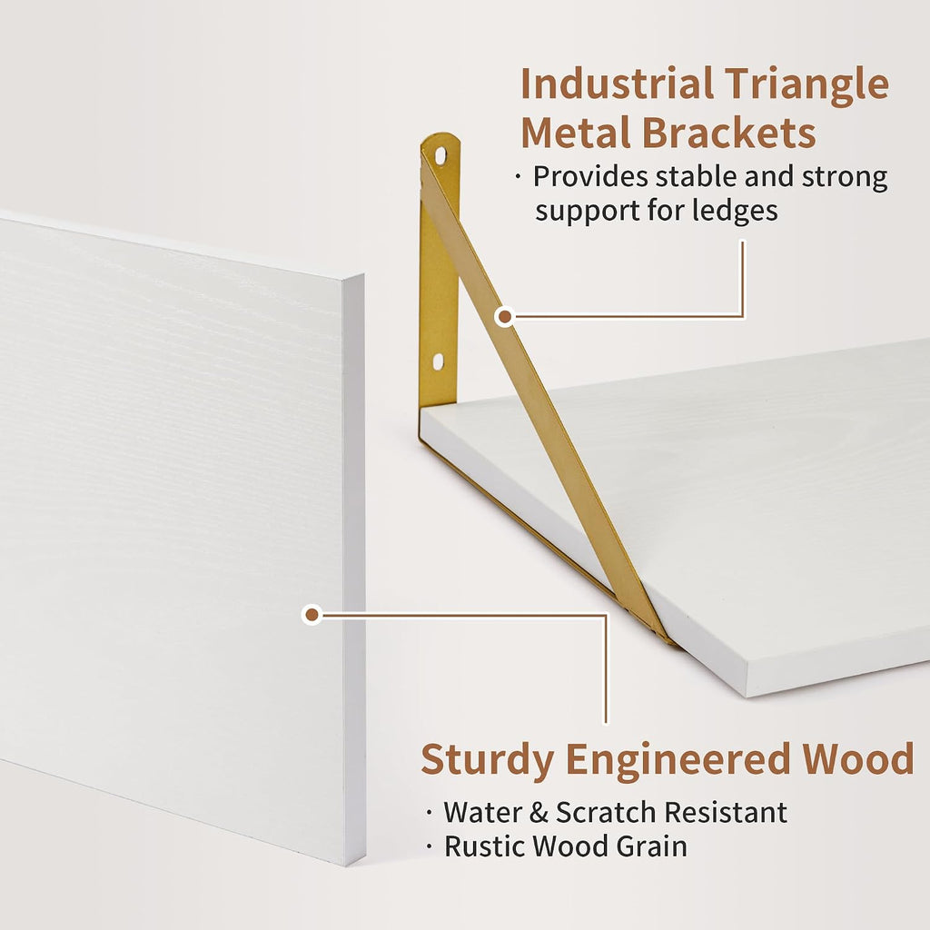 Deep Floating Shelves for Wall, 12 Inch Deep White and Gold Shelves Set of 2, 16W x 12D White Wood Wall Shelves with