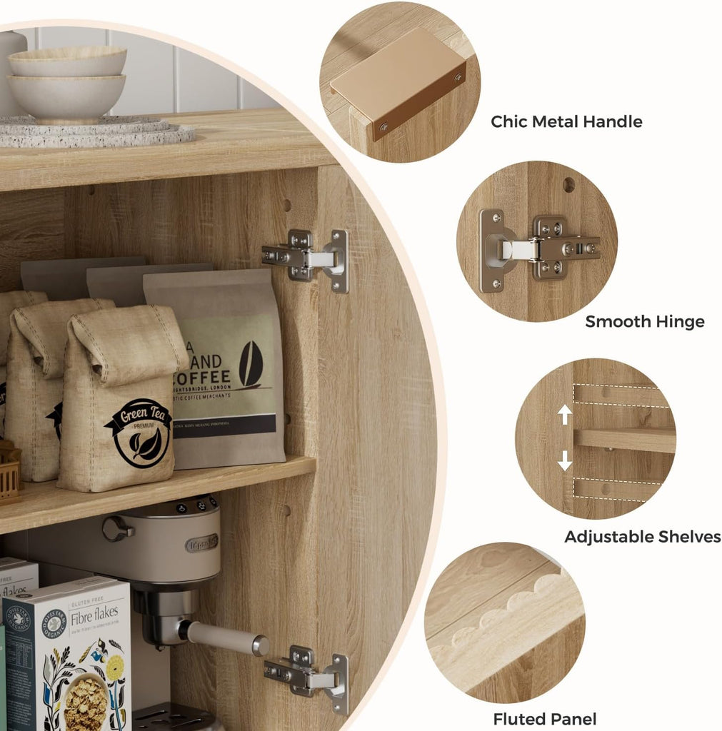 Buffet Cabinet with Storage, Modern Fluted Accent Sideboard with Doors & Adjustable Shelves