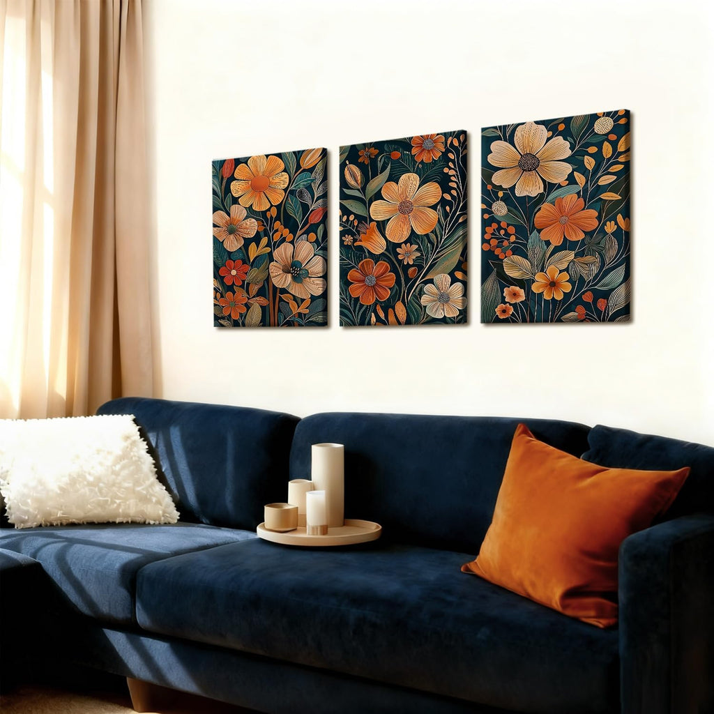 3 pcs Vintage Orange Floral Framed Canvas Wall Art, Medieval Modern Floral Paintings, Natural Botanical Artwork