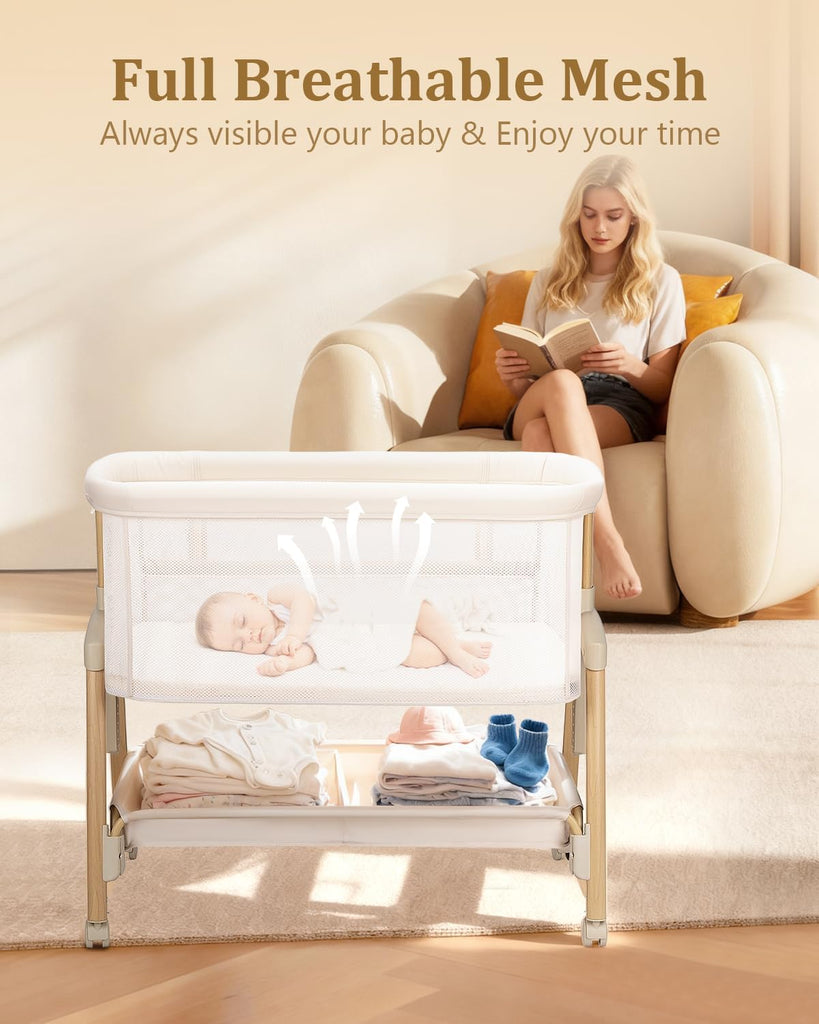 3 in 1 Baby Bassinet with Wheels, Bedside Bassinet Sleeper for Newborn, Portable Baby Crib with 7 Adjustable Height &