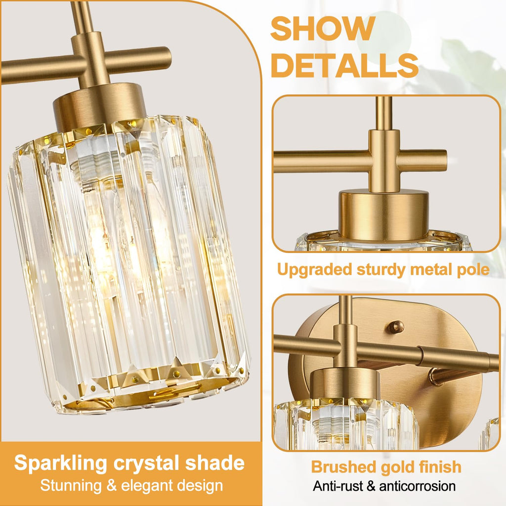 Modern Crystal Bathroom Vanity Light, 4-Light Gold Bathroom Light Fixtures Over Mirror, Crystal Vanity Light with