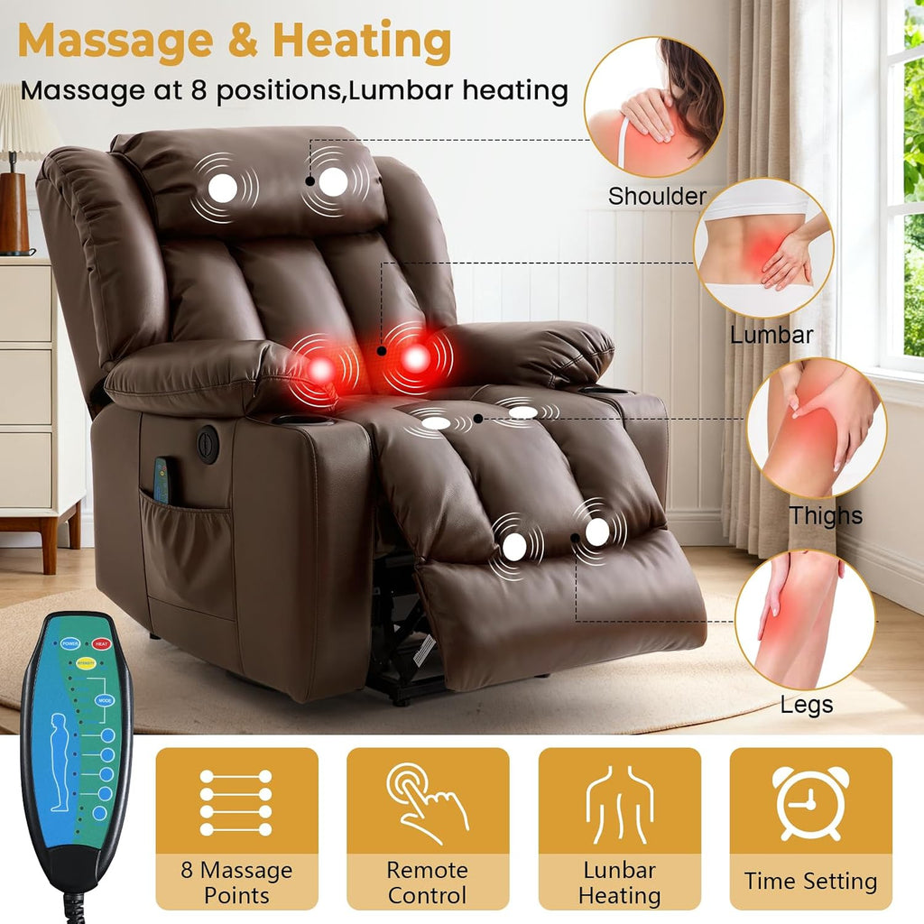 Power Lift Recliner Chair for Elderly & Seniors, Breathable Leather Electric Recliner with Vibration Massage & Lumbar
