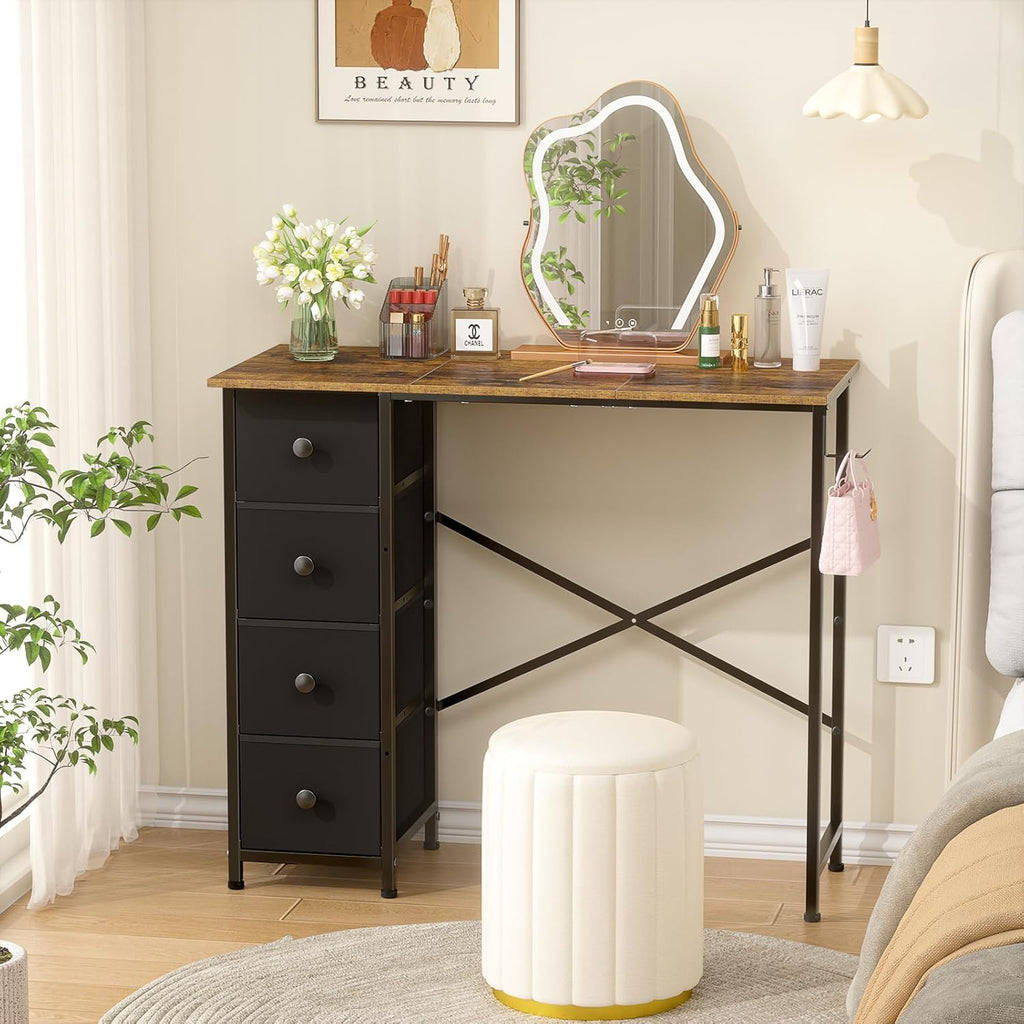 Small Computer Desk with 4 Fabric Drawers, 36 Inch Reversible Writing Desk Bedroom