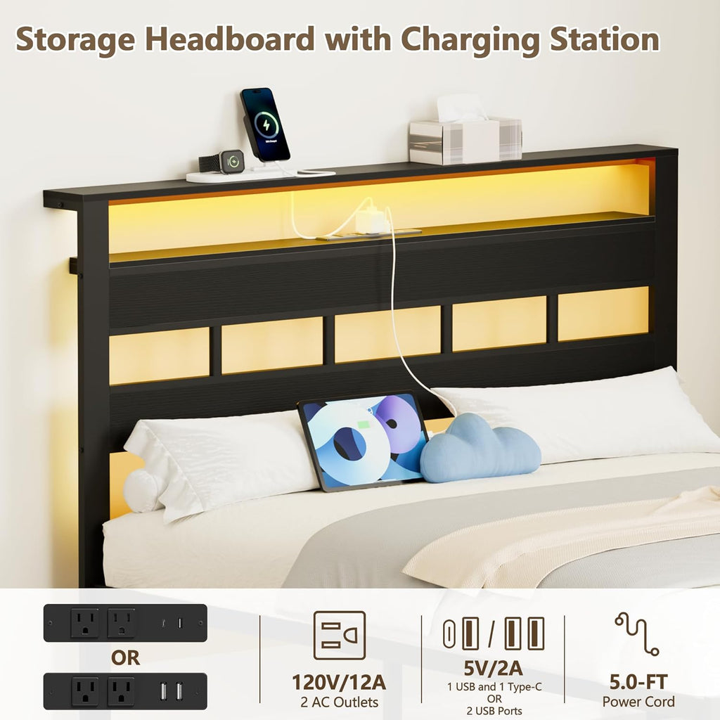 Full Bed Frame with LED Light and Charging Station, Wood Storage Headboard with 2-Tier Shelves