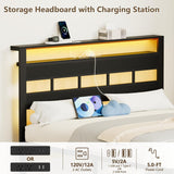 Full Bed Frame with LED Light and Charging Station, Wood Storage Headboard with 2-Tier Shelves