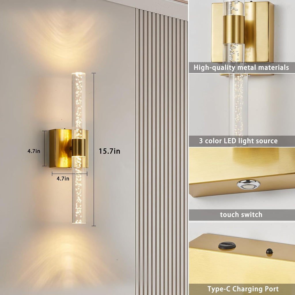Battery Operated Wall Sconce Set of Two, Rechargeable Modern Crystal Bathroom Sconces, 3000K-6000K Dimmable Gold LED