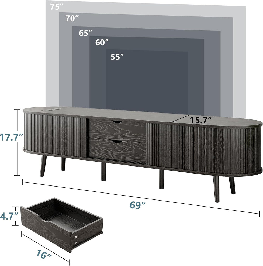 69" Mid Century Modern TV Stand with Power Outlet, Farmhouse Curved Edge TV and Media Console Table with Drawer and Shelf, Fluted Entertainment Center for Living Room, Bedroom, Black
