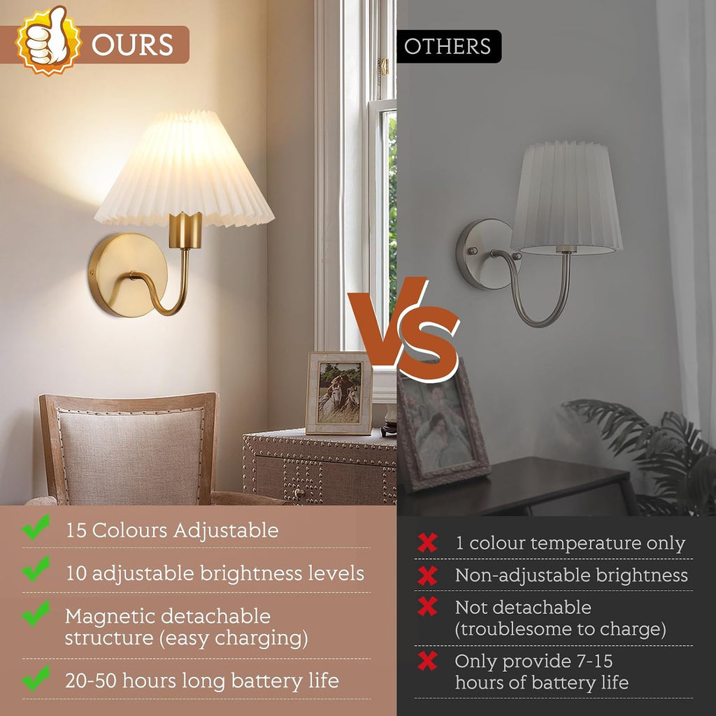 Wireless Wall Sconce Sets of 2, Pleated Shades Rechargeable Battery Operated Wall Sconce, Retro gooseneck Gold Wall