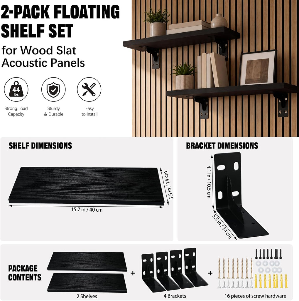 2 Pack Wall Shelves for Wood Slat Acoustic Panels 5.5" x 15.7" Acoustic Wall Shelf Mount Retail Display Shelves Slat