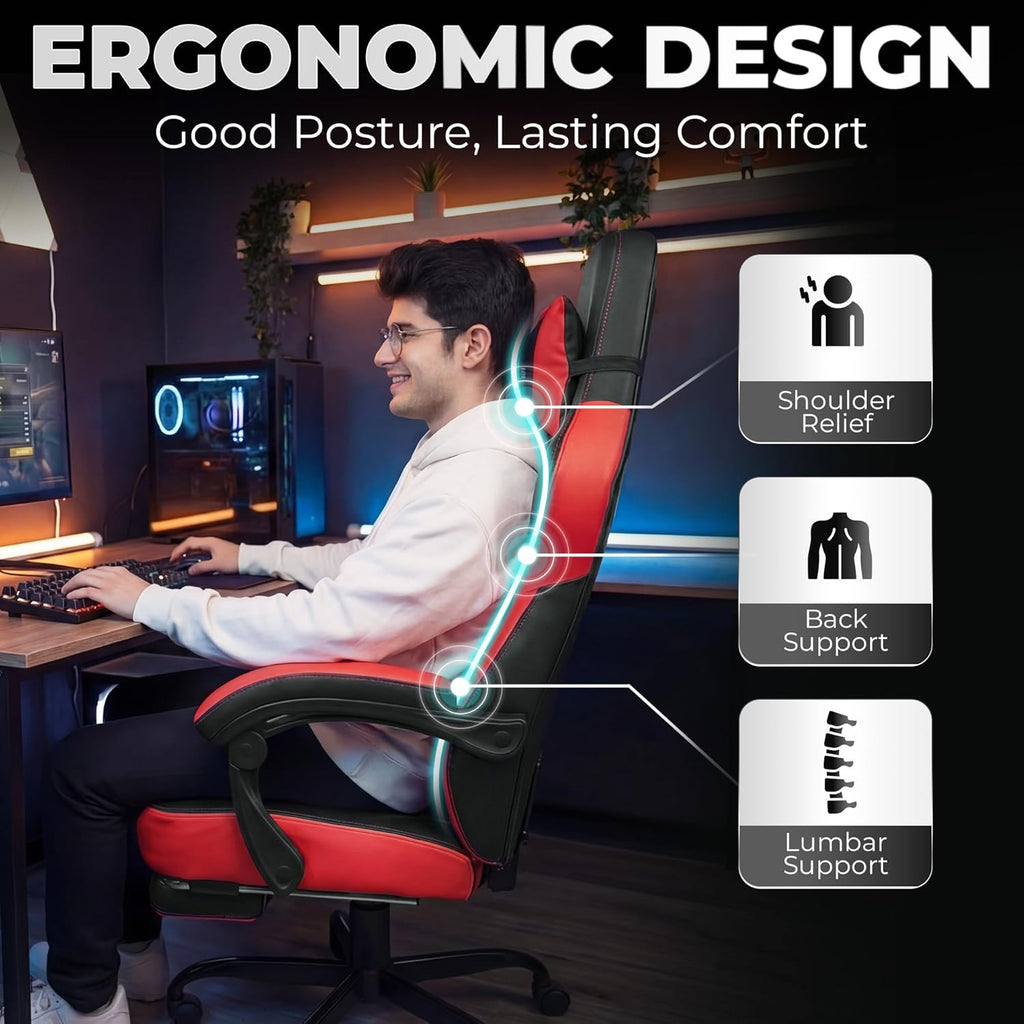 Big & Tall Gaming Chair with Footrest, Lumbar Support, Red