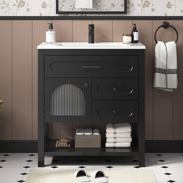 30" Black Freestanding Bathroom Vanity with Sink - Vanity Cabinet with Adjustable Feet