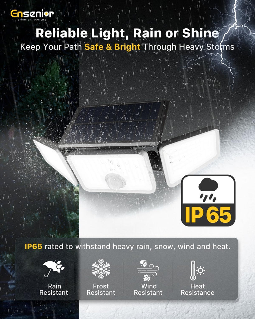 Solar Motion Lights Outdoor, 3000LM 220 LED High Brightness Motion Sensor Outdoor Lights, 3 Head 4 Modes 270° Wide