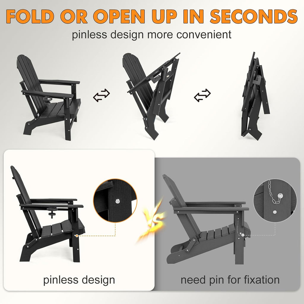 Folding HDPE Adirondack Chair 2-Pack, Gun-Leg Frame with Cupholder | All Weather Waterproof Heat Resistant, Wood