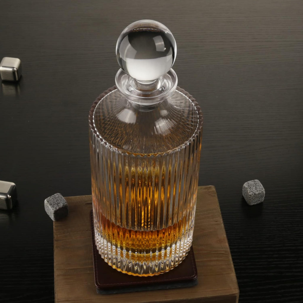 Whiskey Decanter and Glass Stopper 27 oz Round Ribbed Decanter for Whiskey, Bourbon, Brandy, Liquor, and Rum