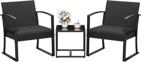 Resin 3 Pieces Patio Furniture Set, Outdoor Bistro Set with Cushions and Glass Table