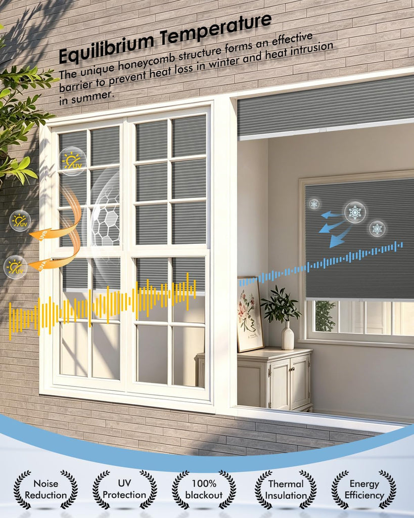 No Drill Cellular Shades, Trim-to-Fit Blackout Cordless Honeycomb Blinds