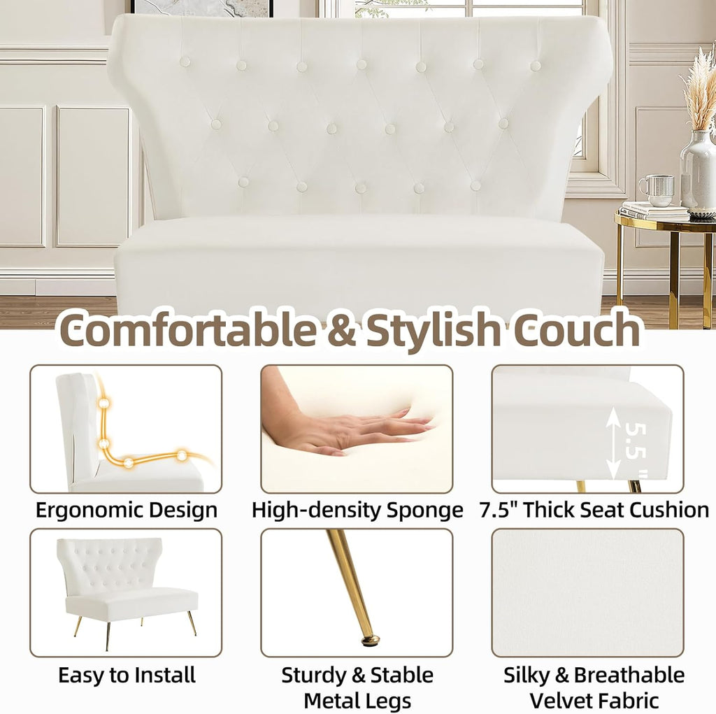 40 Inch White Velvet Loveseat, Armless Button-Tufted Couch with Gold Legs - Compact Modern Sofa