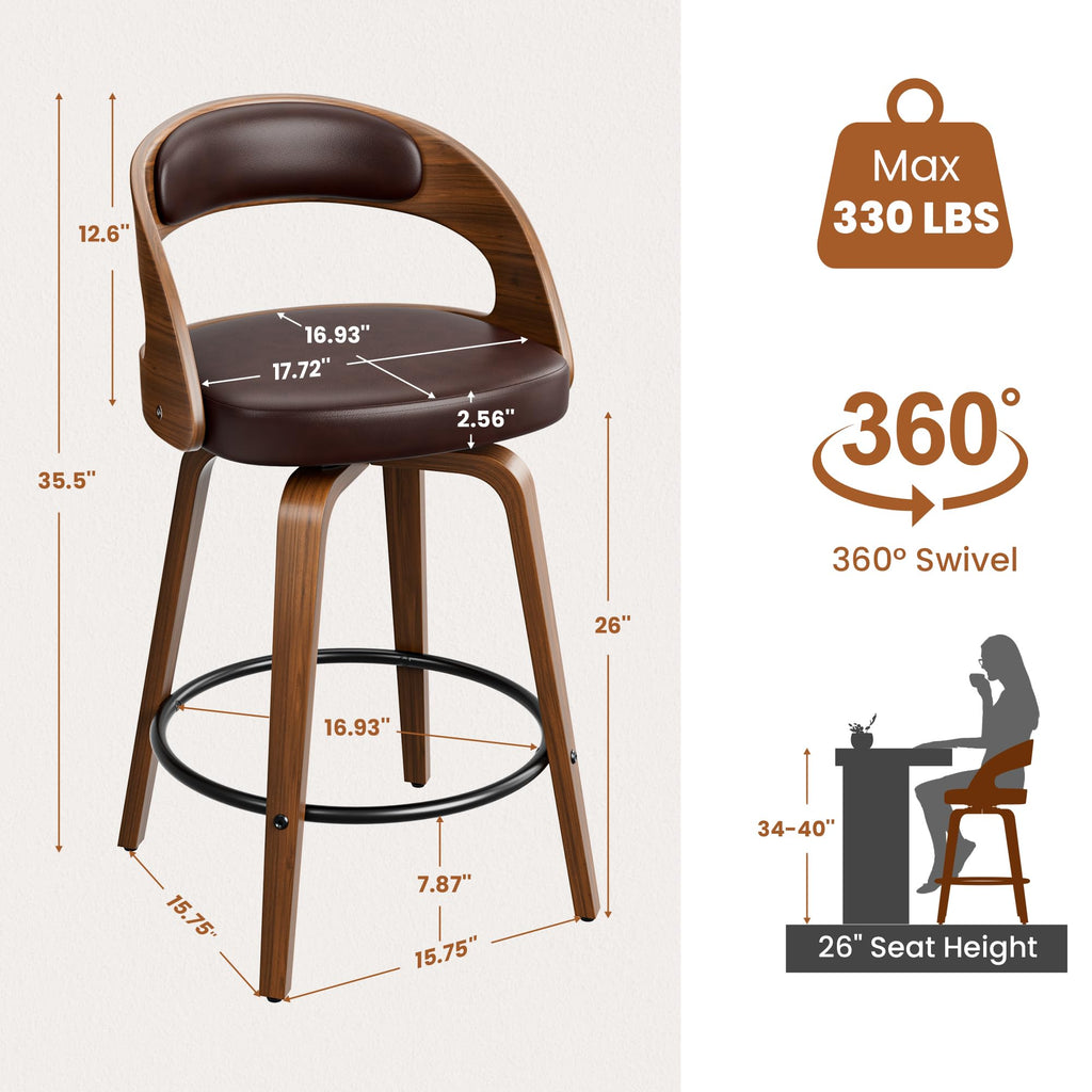 Bar Stools Set of 2, 26" Bentwood Counter Height Barstools, Brown