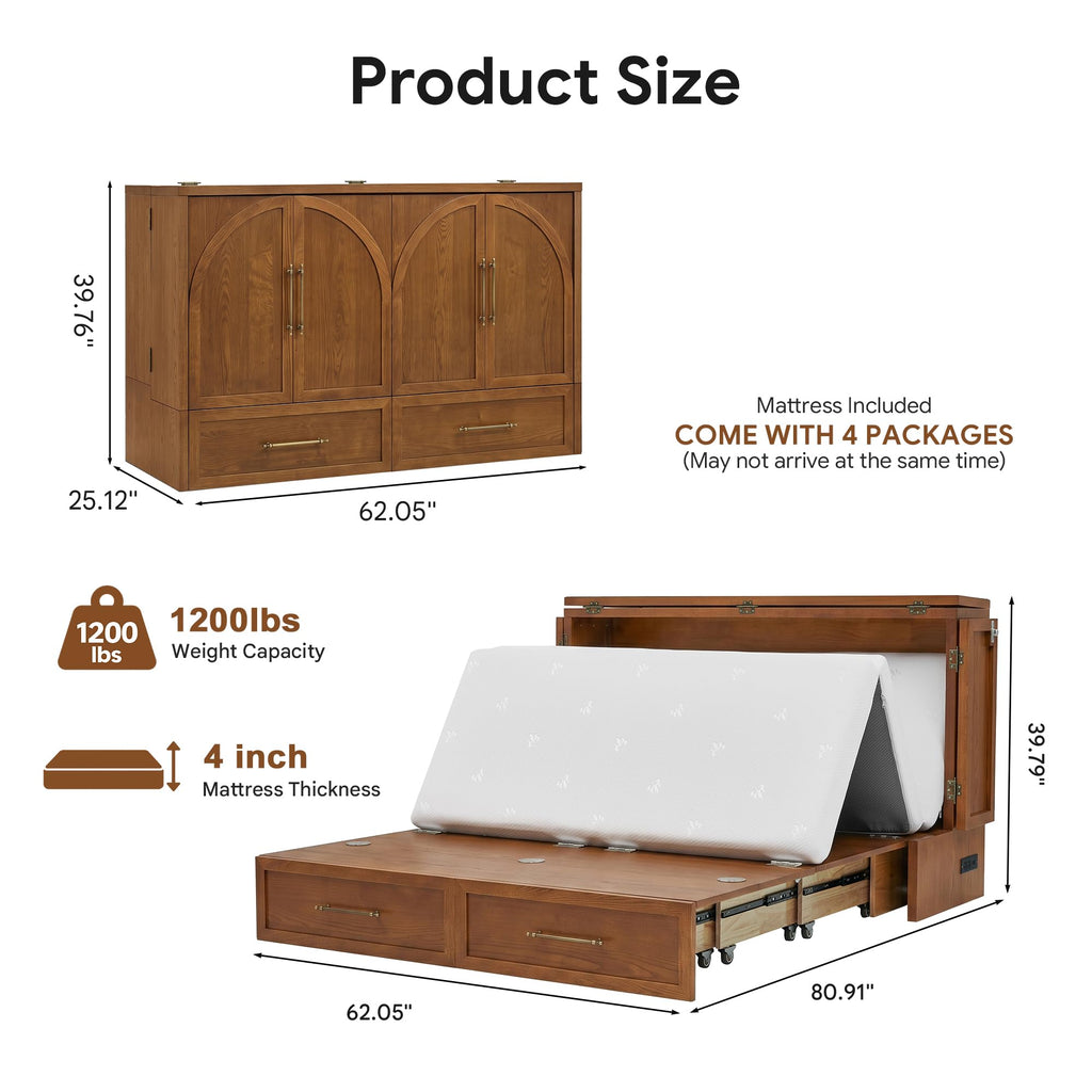 Solid Wood Queen Murphy Bed with Mattress, Arch Recessed Design