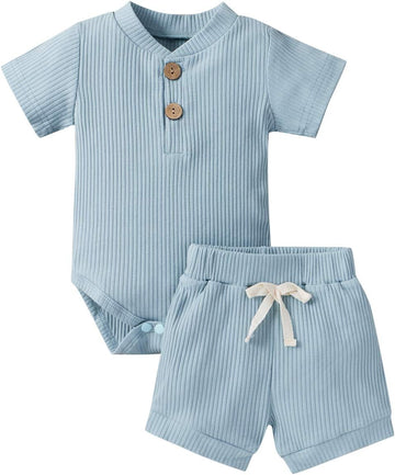 Summer Newborn Baby Boy Girl Clothes Set Ribbed Outfits Unisex Infant Solid Short Sleeve Tops Shorts 2PCS