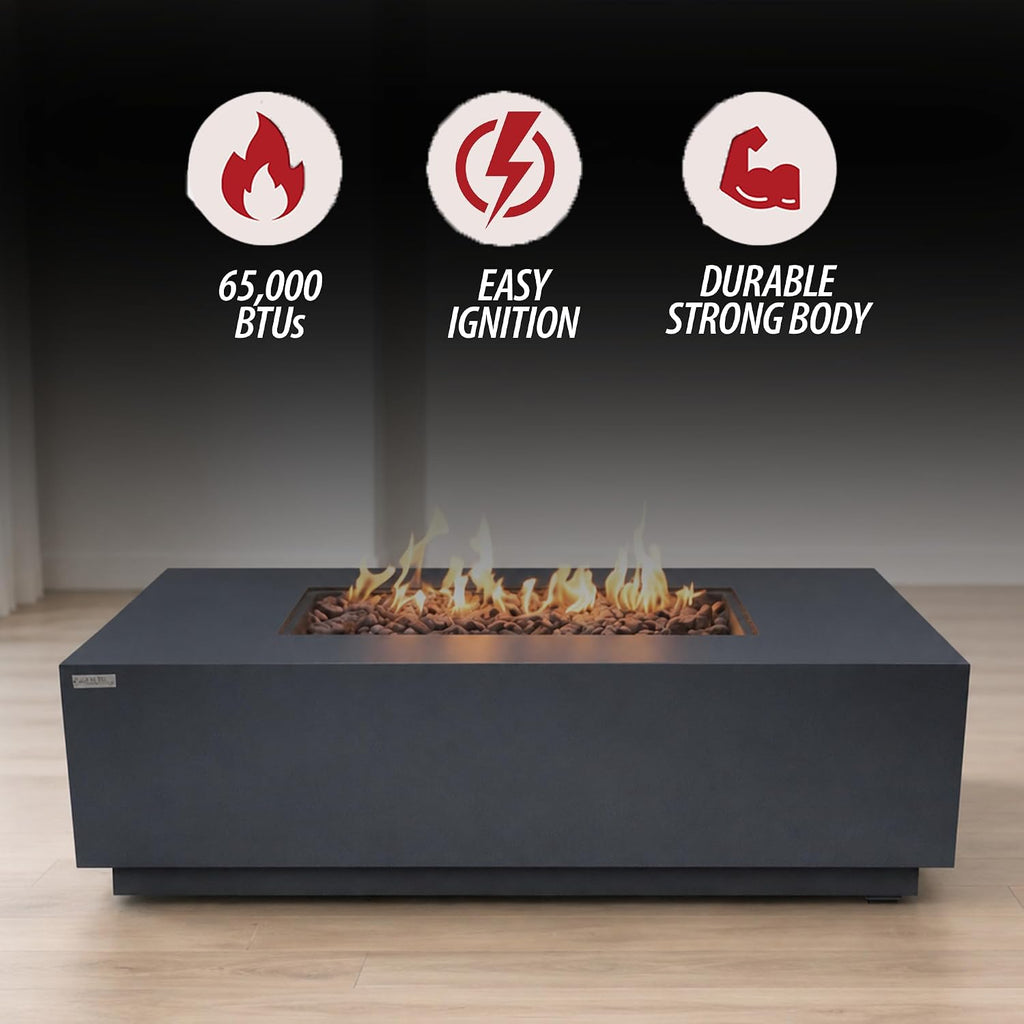 AMS 60" Rectangular Concrete GFRC Propane Gas Fire Pit Table (Dark Gray) | (Madison) Smooth Texture Fire Pit Table