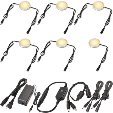 Under Cabinet LED Pucks 120V Hardwired, Touch Dimmer, 6 Lights, Warm white