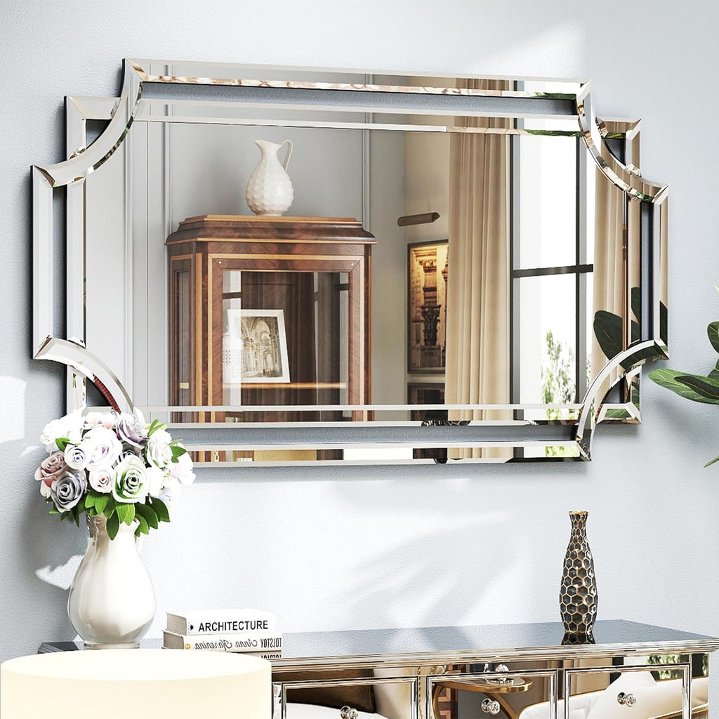 32" x 47" Large Wall Mirror Decor, Modern Unique Decorative Mirror with Beveled Glass Scalloped Corner, Horizontal or