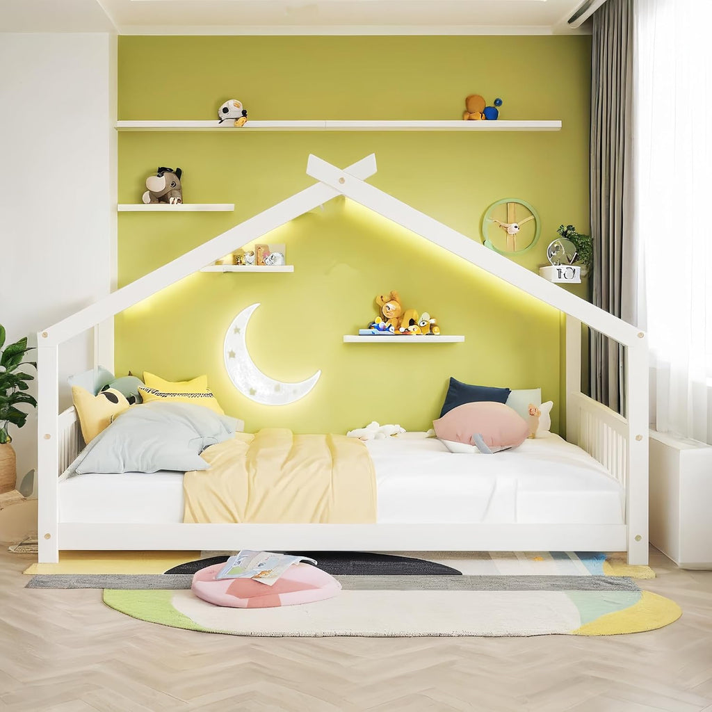 Full House Beds White Montessori Bed Wood Frame Kids Floor Bed with Headboard & Footboard for Children Boys Girls